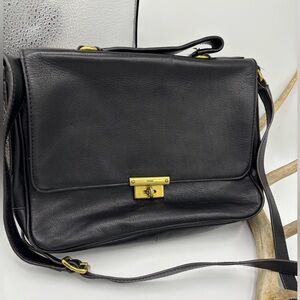 Fossil Black Leather Messenger Bag with Gold Accents